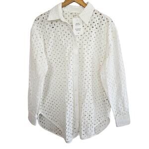 Size Large NWT 100% Cotton White Textural Button Down Shirt Beach Cover Summer